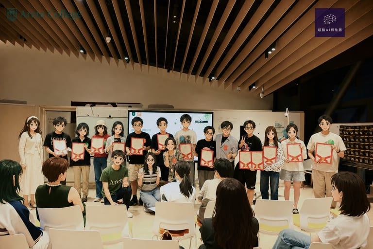结营颁奖典礼合照：讲台一行人手持红色证书，左上角标有 Arete College 校徽，右上角有「超脑 AI 孵化器」字样