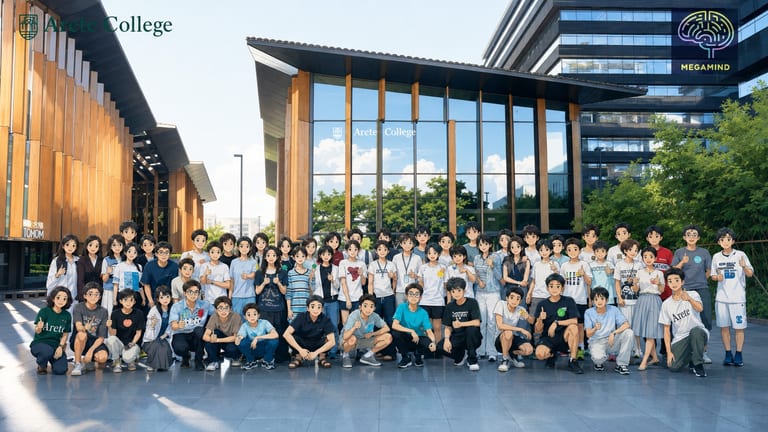 营地结营日的全员大合照，约八十人左右站成两到三排，普遍面向镜头竖大拇指，背景玻璃幕墙上印有 Arete College 字样，右上角有「MEGAMIND」彩色脑形 logo