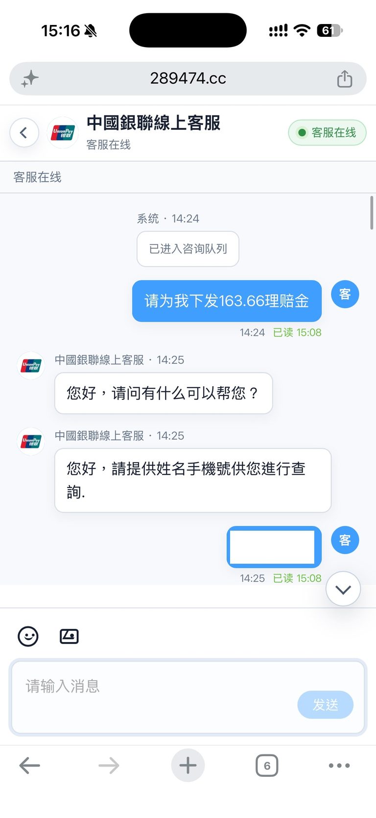 289474.cc 上的「中国银联线上客服」对话开场